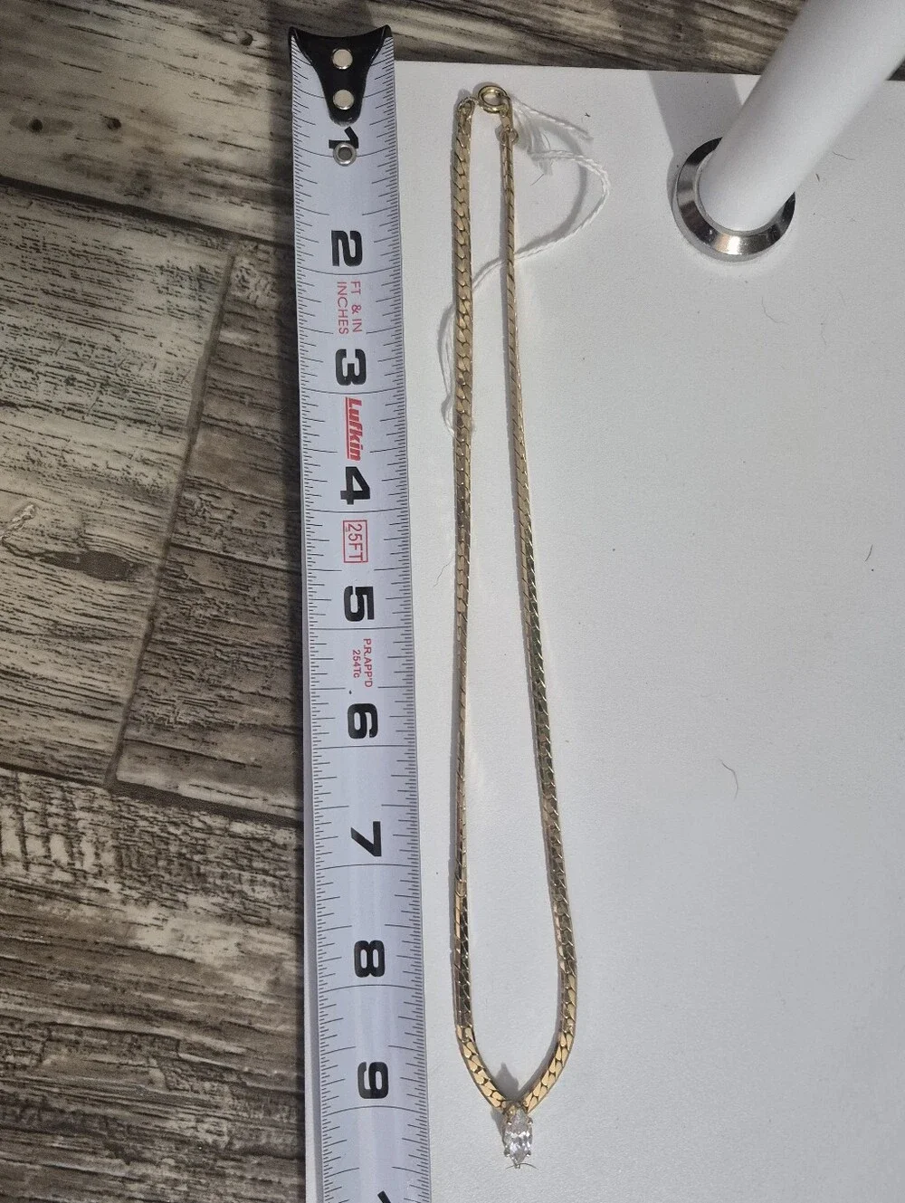 Vintage Herringbone Chain & White Marquise Cut Gem Necklace Gold